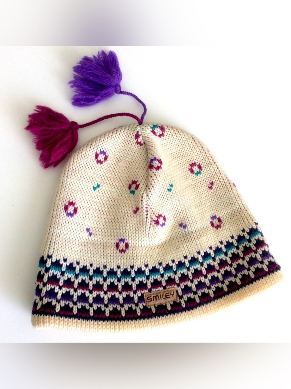 Vintage Smiley 100% Wool Pompom Ski Hat OS Ski Hiking Trail Activewear